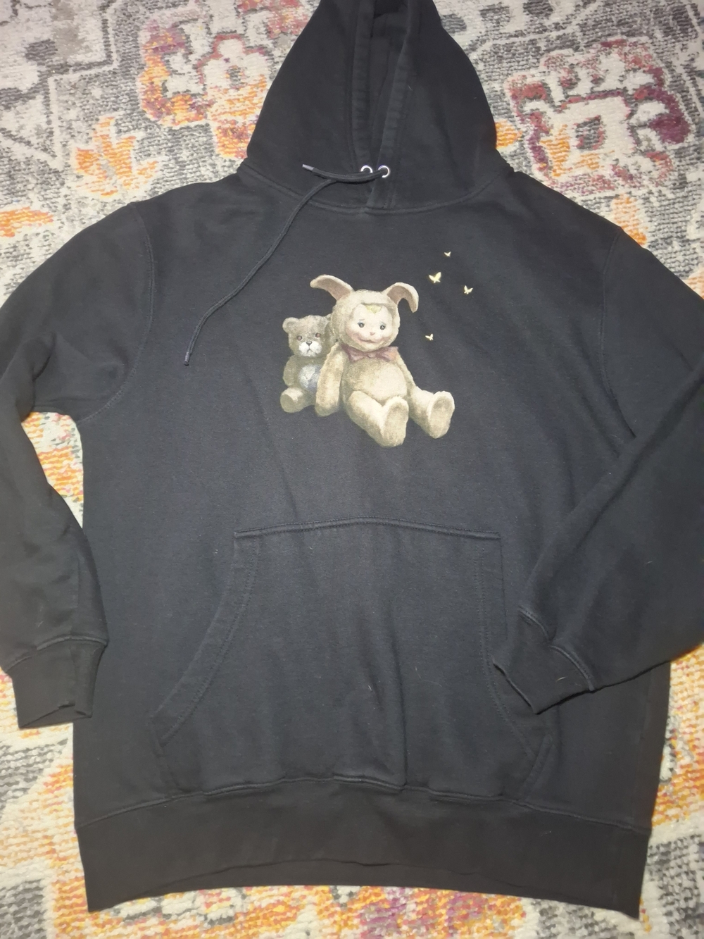 Black Hoodie with Cute Bunny & Bear Graphic